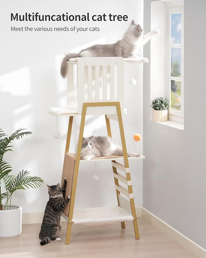 FourFurPets Modern Cat Tree, 58-Inch Cat Tower for Large Cats, Maine Coon Cat Tree with Scratching Board, Large Perch, Hammock and Removable Pads, White-Mewly Pet