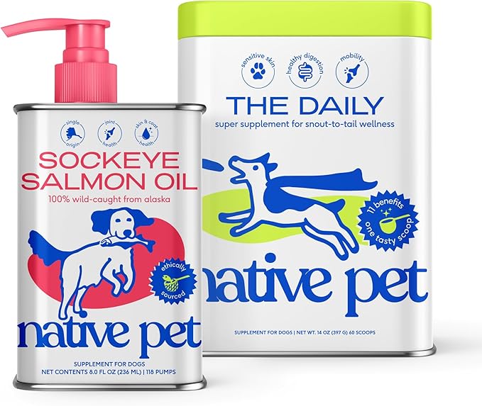 Native Pet The Daily Dog Supplement (60 Scoops) & Salmon Oil for Dogs & Cats (8 Oz) - 11 in 1 Multivitamin & Pure Omega-3 Fish Oil Supplement for Skin & Coat, Joint, Heart Health & Anti-Inflammatory-Mewly Pet