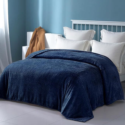 Exclusivo Mezcla Fleece Queen Size Blanket for Bed, 90x90 Inches Soft Cozy Jacquard Flannel Blankets, Lightweight Fuzzy Plush Warm for Winter, Navy Blue