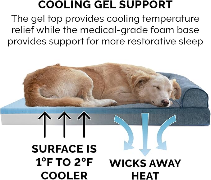 Furhaven Cooling Gel Dog Bed for Large Dogs w/ Removable Bolsters & Washable Cover, For Dogs Up to 125 lbs - Sherpa & Chenille Sofa - Orion Blue, Jumbo Plus/XXL-Mewly Pet