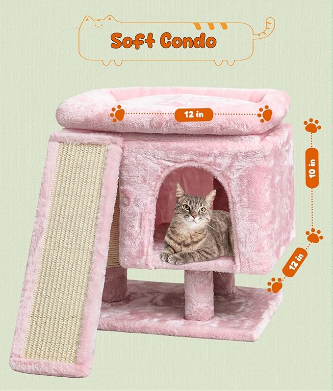 SYANDLVY Small Pink Cat Tree with Perch for Indoor Cats, Cat Tower with Scratching Post, Modern Activity House for Large Cats, Condo with Board, Kittens Cave-Mewly Pet
