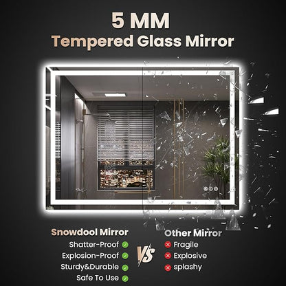 40"X32" LED Bathroom Mirror with Front Lights and Backlit, Anti-Fog, Dimmable, Shatter-Proof Tempered Glass, Lighted Bathroom Vanity Mirror for Wall with 3 Colors, Memory Function