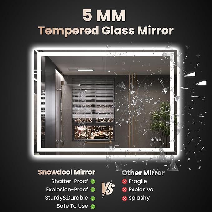 48"X32" LED Bathroom Mirror with Front Lights and Backlit, Anti-Fog, Dimmable, Shatter-Proof Tempered Glass, Lighted Bathroom Vanity Mirror for Wall with 3 Colors, Memory Function