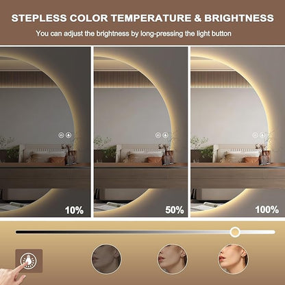 YUDACHU 36"x18" Smart LED Mirror for Bathroom, Half Moon Mirror, Anti-Fog & Stepless Dimming, 3-Color Backlit Vanity Mirror with Lights, Wall Mounted for Small Space