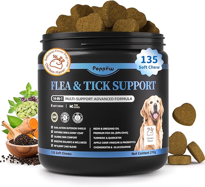 Dog Flea and Tick Support Chewable, Natural Dog Flea Comfort Supplement, Oral Chews with Neem, Oregano Oil, Pumpkin Seed Oil & Brewer's Yeast – 135 Soft Chews, Chicken Flavor – for All Breeds & Sizes-Mewly Pet