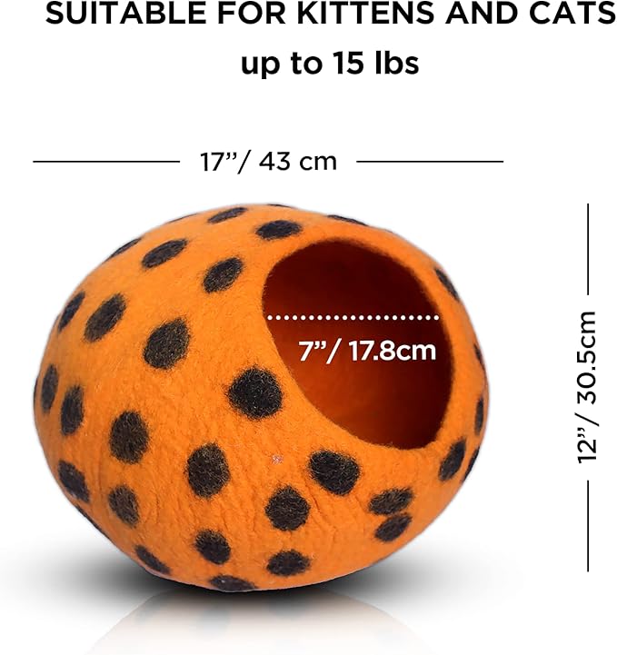 Woolygon Premium Felt Cat Cave Bed - Polka Dot Series - Wool Kitty Beds Handcrafted Kitten Caves Bed for Indoor Cats - Eco-Friendly Merino Wool, Foldable Cat Hideaway Cat Houses (Orange/Black Dots)-Mewly Pet