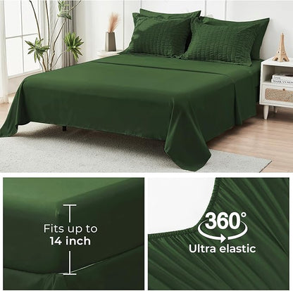 HYMOKEGE Dark Green Queen Comforter Set Seersucker 7 Pieces, All Season Luxury Bed in a Bag for Bedroom, Bedding Set with Comforters, Sheets, Pillowcases & Shams