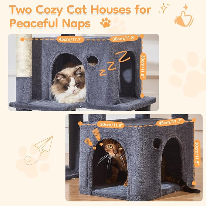 Taoqimiao Heavy Duty Cat Tree for Large Cats 20lbs+, 71 Inches Tall Cat Tower, 2 Cat Condo with 6 Scratching Posts, Super Large Hammcock, Cat Toys, Cozy Basket, Smoky Gray, MS037G-Mewly Pet