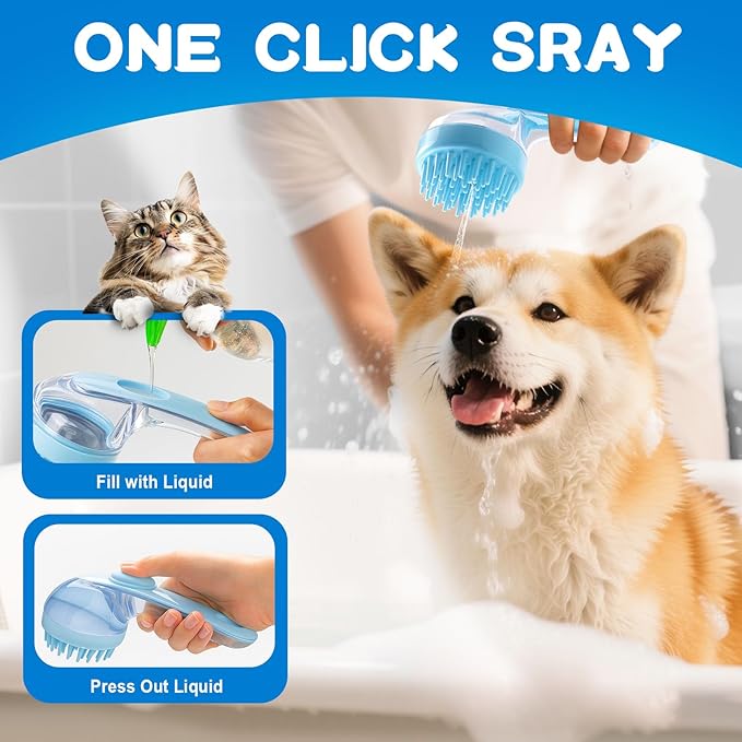 Dog Bath Brush, Silicone Pet Bath Brush with Soap Dispenser,Deep Cleansing & Gentle Massage for Dogs & Cats, Suitable for Long & Short Hair, Easy Grip, Bathing & Grooming(Blue)-Mewly Pet