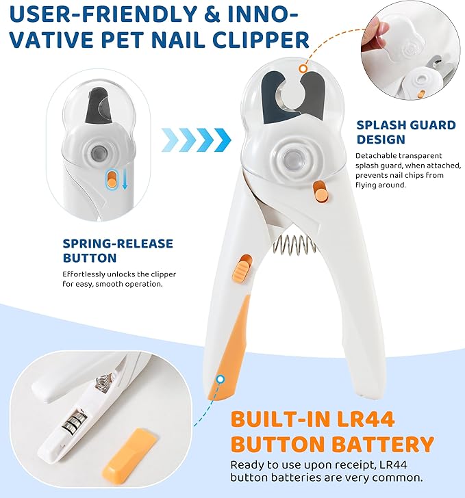 Pet Nail Clipper with Light for Cats & Small Dogs Puppies, Ultra Bright LED to Illuminate Nail Bloodline to Avoid Over Cutting, Extra-Sharp and Durable Cat Claw Trimmer with Nail File (White)-Mewly Pet
