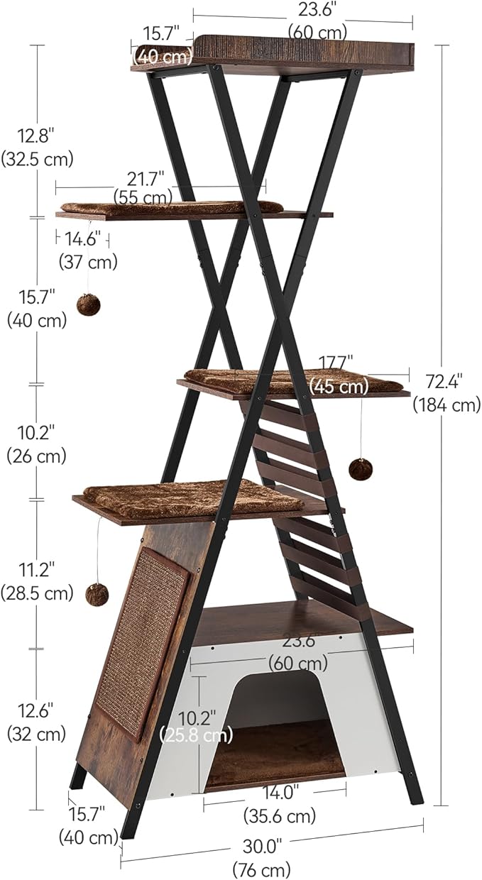 FourFurPets 72.4" Modern Cat Tower for Indoor Cats - Multi-Level Condo With Caves, Tall Tree With Scratching Board, Wooden Tower With Large Perch, Removable Pads, Rustic Brown-Mewly Pet