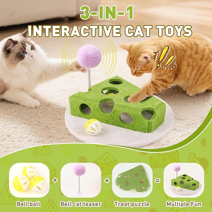 Interactive Cat Puzzle Toy for Indoor Cats & Kittens - Fun Track Balls & Spring Teaser in Stimulating Felt Puzzle Box (Green) - Mental Enrichment Game-Mewly Pet