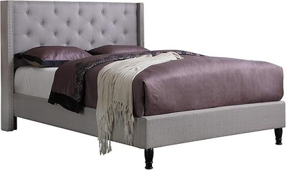 HomeLife Premiere Classics Cloth Light Grey Silver Linen 51" Tall Headboard Platform Bed with Slats Queen- Complete Bed 5 Year Warranty Included-007