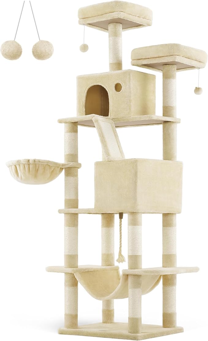 Feandrea Cat Tree, 81.1-Inch Large Cat Tower with 13 Scratching Posts, 2 Perches, 2 Caves, Basket, Hammock, Pompoms, Multi-Level Plush Cat Condo for Indoor Cats, Beige UPCT190M01-Mewly Pet