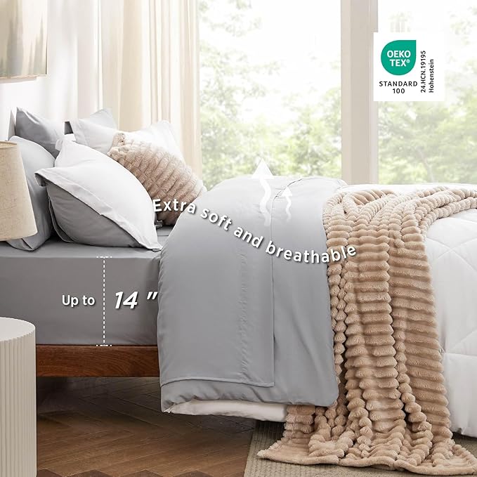 Bedsure King Comforter Set - 7 Pieces Reversible White and Grey Bedding, King Bed Set for All Seasons, Bed in a Bag with Down Alternative Comforter, Grey Sheets, Pillowcases & Shams