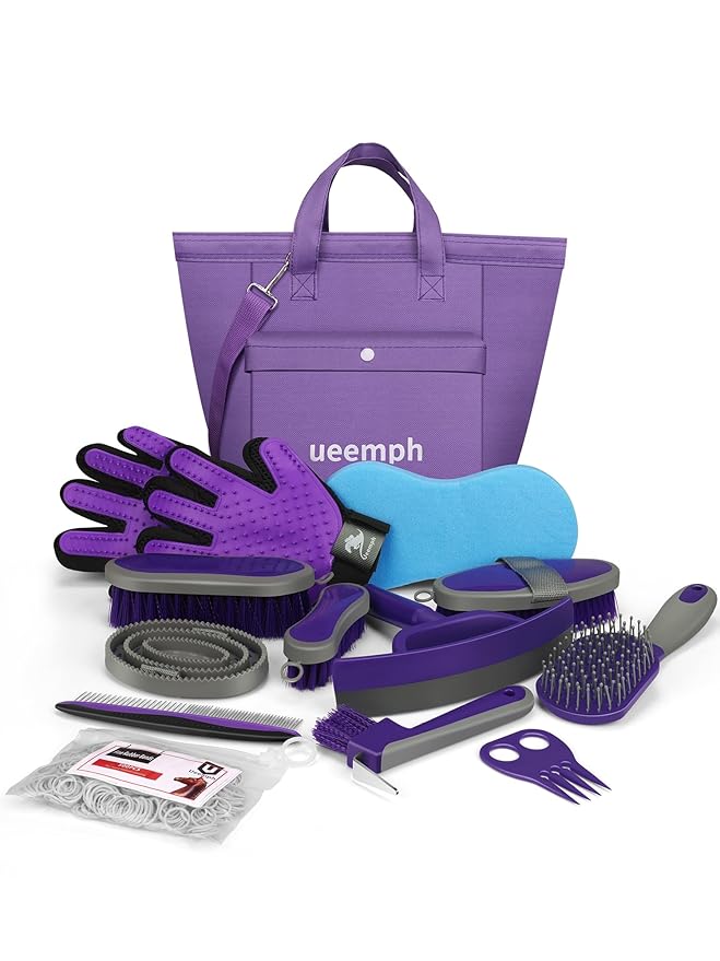 Horse Grooming Kit (12-Piece): Brushes, Storage Bag, Sweat Scraper, Mane Comb, Grooming Gloves - Purple Horse Gifts for Girls-Mewly Pet