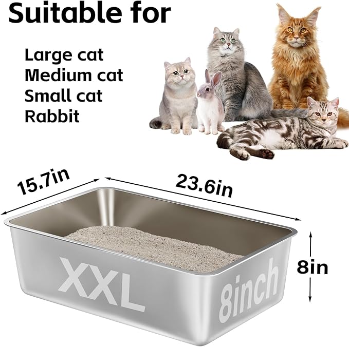 Stainless Steel Litter Box,XXL Metal Cat Litter Box for Big Cats 8IN Deep, Cat LitterBox High Sided Pet Toilet Easy to Clean,Cats Litter Pan for Adult Cats,Non Stick, No Smell-Mewly Pet