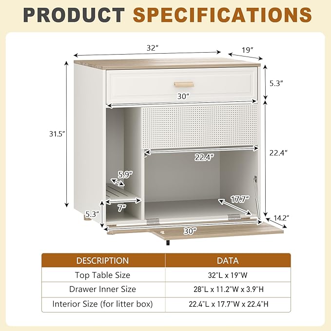 Cat Litter Box Enclosure - Indoor Litter Box Furniture Hidden with Drawer and Door - 32"x19"x32"H-Mewly Pet