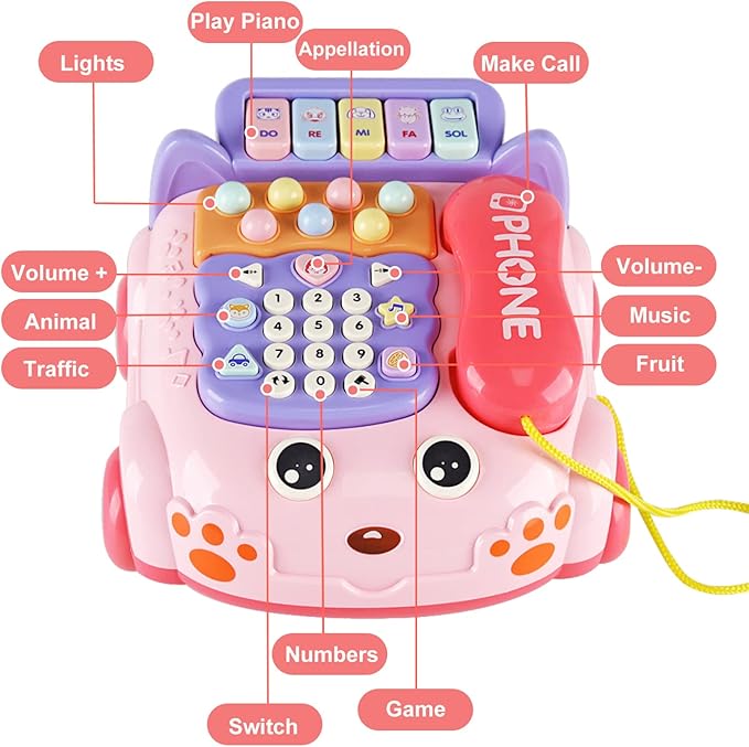 Baby Phone Toy,Baby Toy Phone Cartoon Baby Piano Music Light Toy Children Pretend Phone, Kids Cell Phone Girl with Light Parent-Child Interactive Toy Gift Game Boy Girl Early Education Gift Pink 18M+-Mewly Pet