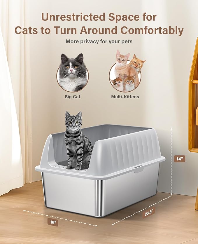 Cat Litter Box Stainless Steel XL with Lid, Enclosed Metal Extra Large Litter Box Pan High Sided with Scoop for Big Cats, Non-Sticky, Anti-Urine Leakage, Easy Cleaning-Mewly Pet