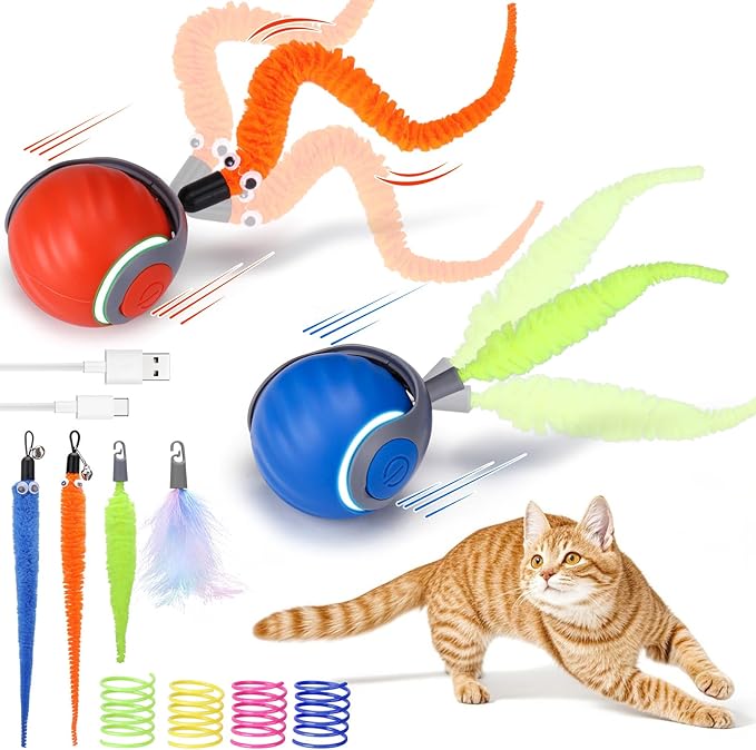 AIERSA 2Pcs Interactive Automatic Cat Toys for Bored Indoor Adult Cats,Self Play Speed Tail Toy with 3 Tails and 4 Springs-Mewly Pet