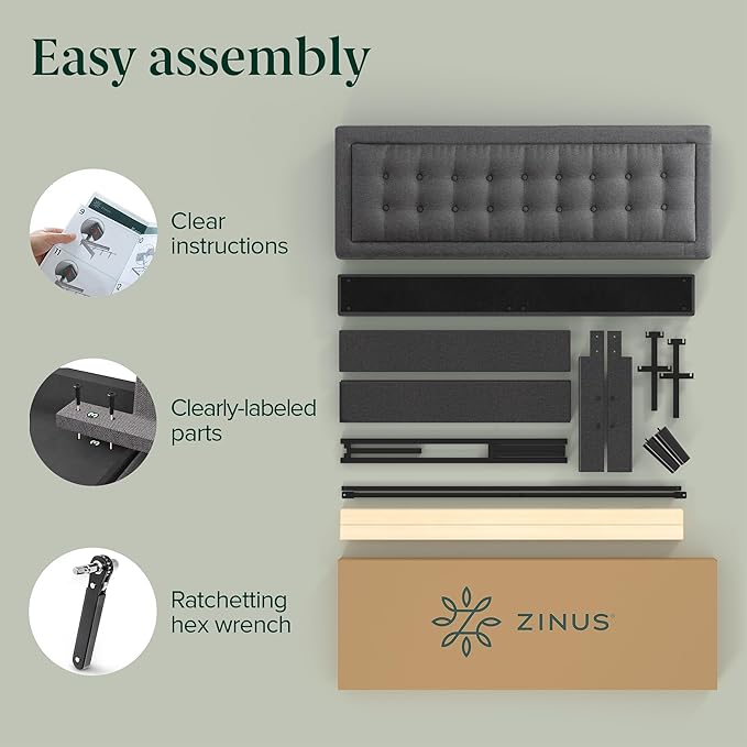 ZINUS Dachelle Upholstered Platform Bed Frame, Mattress Foundation, Wood Slat Support, No Box Spring Needed, Eco Friendly WonderBox (TM) Packaging, Easy Assembly, Dark Grey, Queen