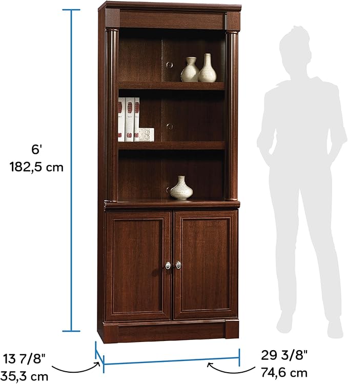 Sauder Palladia Book Shelf, Bookshelf with Storage, Library Bookcase with Doors and Adjustable Shelves, in Select Cherry finish