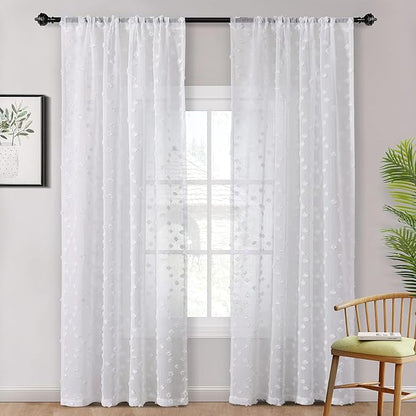 MYSKY HOME Pom Pom White Sheer Curtains for Bedroom Girls Room Curtains 72 Inches Long for Nursery Kids Light Filtering Boho Window Drapes, Rod Pocket, 52" Wide, 2 Panels