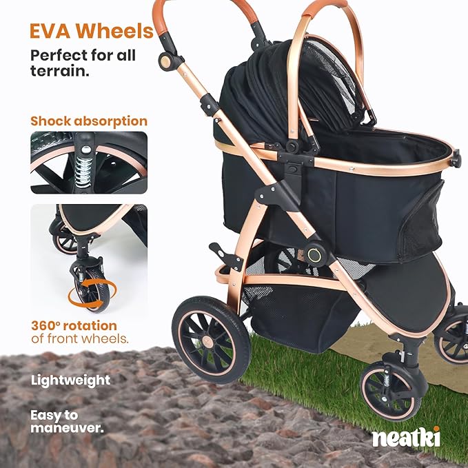 3 in 1 Pet Stroller - Stroller for Small to Medium Dogs and Cats up to 55 lbs, with Detachable Carrier/Car Seat, Foldable and Lightweight, Detachable Cushion + Cup Holder (Black/Gold)-Mewly Pet