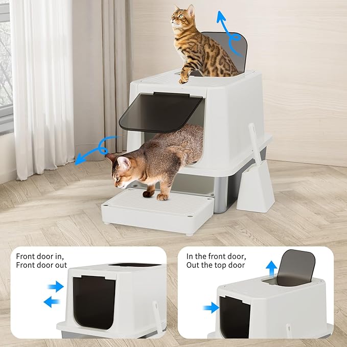 RIZZARI Stainless Steel Cat Litter Box, Enclosed Top-Entry Design, Large Capacity High-Sided Leak Proof Litter Pan for Cats, Easy Clean Pet Toilet (Beige, with Cat Litter)-Mewly Pet