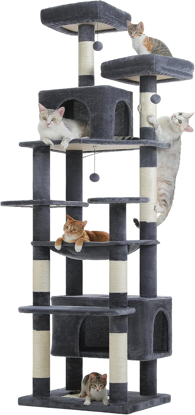 PAWZ Road Heavy Duty Cat Tree for Large Cats, 81 Inches Tall Cat Tower with 2 Perches, 2 Condos and Spacious Hammock, XL Extra Large Condo with 7 Scratching Posts for 20lb+ Adult Cats, Dark Gray-Mewly Pet