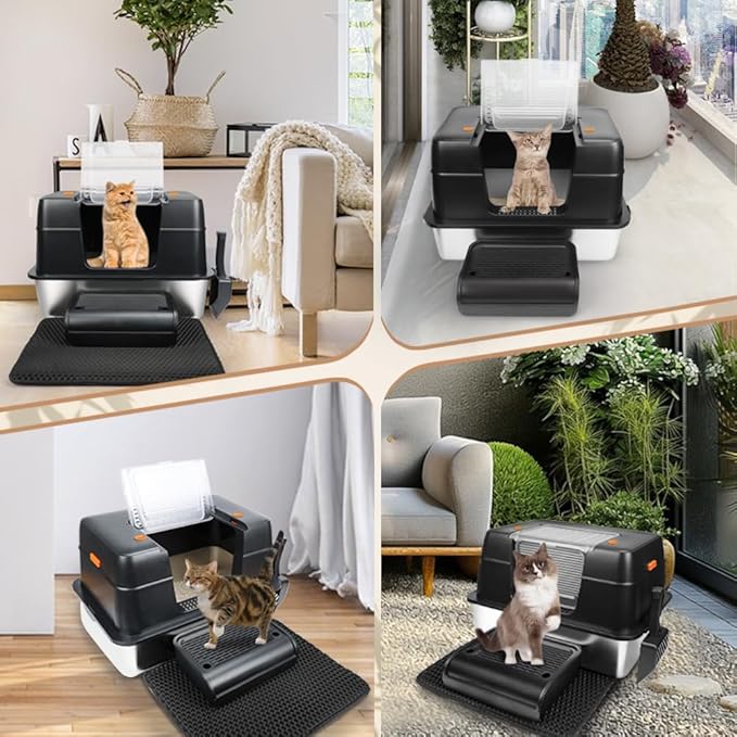 Vivifying Stainless Steel Litter Box, XL Side Entry Extra Large Litter Box with Lid for Big Cats & Kitty, Removable Enclosed Metal Cat Pan with High Sided Enclosure, Scoop, Mat, Footboard (Black)-Mewly Pet