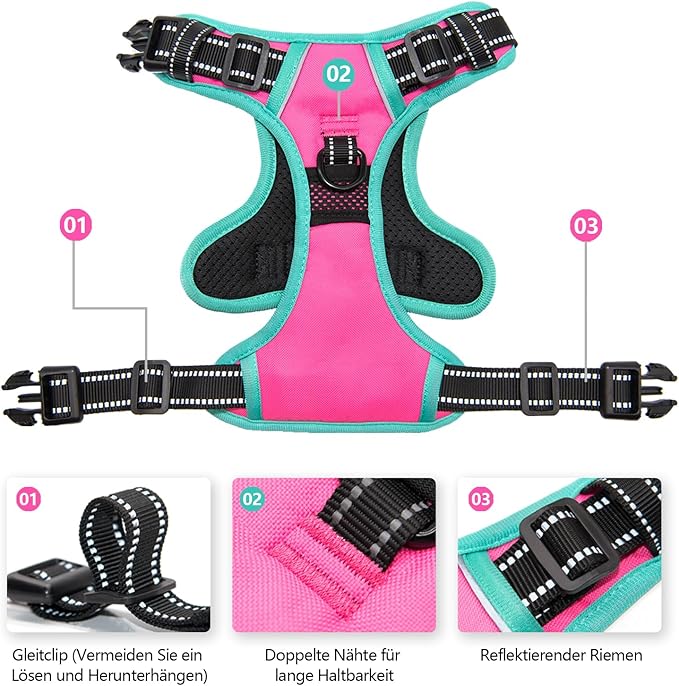 PHOEPET 2019 Upgraded No Pull Dog Harness, Reflective Adjustable Vest, with a Training Handle + 2 Metal Leash Hooks+ 3 Snap Buckles +4 Slide Buckles(XS, Pink)-Mewly Pet