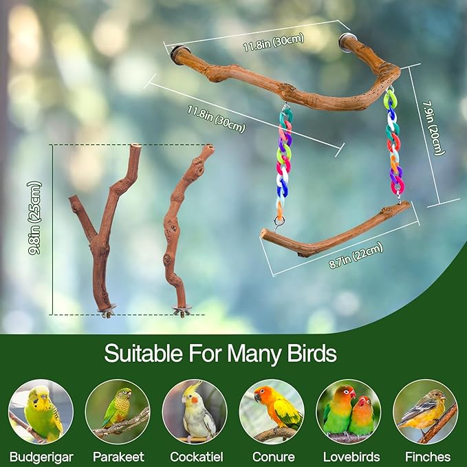 Bird Swing Toys, Standing Bird Perch with Natural Grape Wood, U Shape Hangable Birdcage Accessories, Birds Chewing Toy for Budgerigars, Parakeets, Cockatiels, Conures, Lovebirds, Finches (3Pack)-Mewly Pet