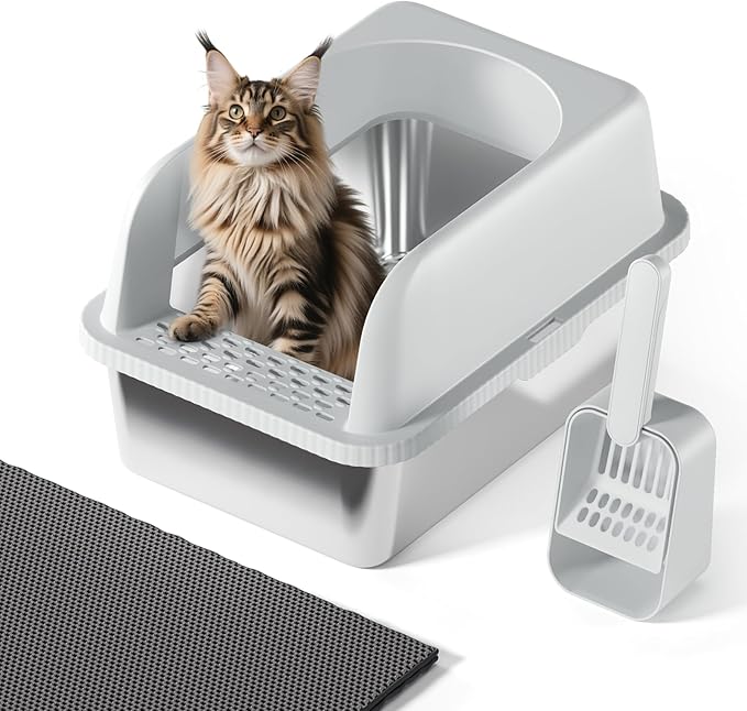 Stainless Steel Cat Litter Box with Lid, 20" L x 14.2" W x11.8 H, Large Cat Litter Box for Multiple Cats with High Sided, No-Leak & Stick, Easy to Clean, Includes Litter Mat & Multi Functional Scoop-Mewly Pet
