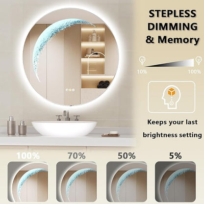 30'' Circle LED Mirror, Frameless Round Smart Mirror with Backlit & Half Moon Light, Anti-Fog, 3 Color Modes, Dimmable Wall-Mounted LED Vanity Mirrors for Bathroom, Bedroom, Entryway