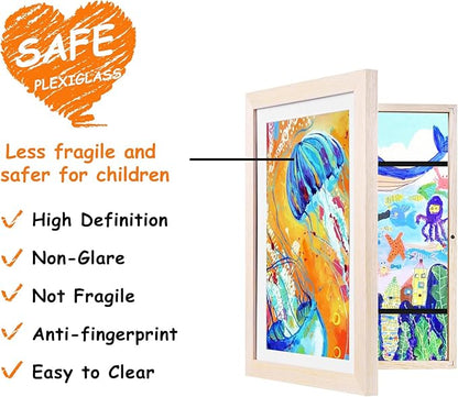 KINLINK A4 Kids Art Frames Set of 2, Solid Wood Kids Artwork Frames Changeable with Acrylic Front Opening Holds 150 Pictures 8.3x11.7, Art Frame for Kids Artwork with Mat or without Mat, Natural