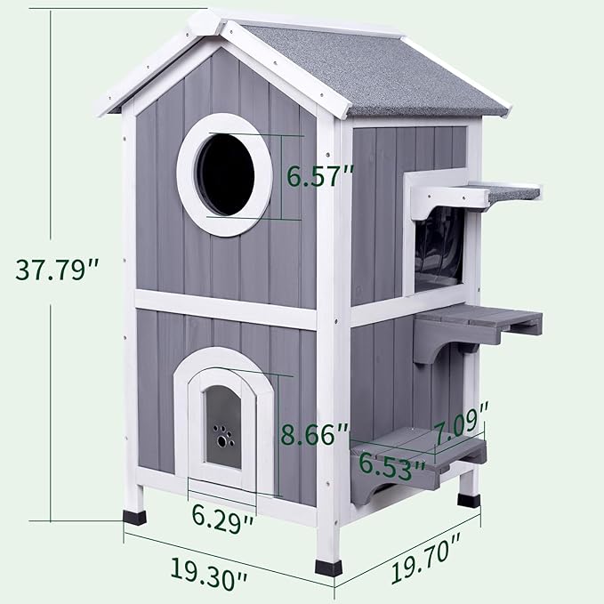 GEGURI Outdoor Cat House Weatherproof, Wooden Two-Story Feral Cat Shelter with Openable Roof, Escape Door, Balcony-Mewly Pet