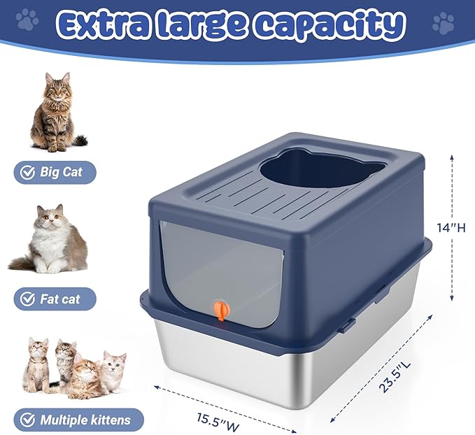 Litter Box with Lid, Stainless Steel Litter Box XL, 14" H Metal Cat Box with High Sides Wall Enclosure, Cat Pan, Non-Sticky, Easy Clean, Anti-Leakage, Blue-Mewly Pet