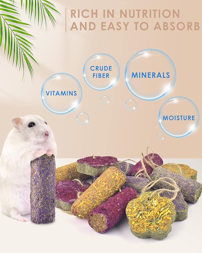 Bissap 12PCS Rabbit Chew Sticks, Hanging Chew Sticks & Cakes Timothy Hay Carrot Strawberry Treat for Bunny Chinchilla Guinea Pig Hamster and Other Small Pets Molar Snack Toy-Mewly Pet