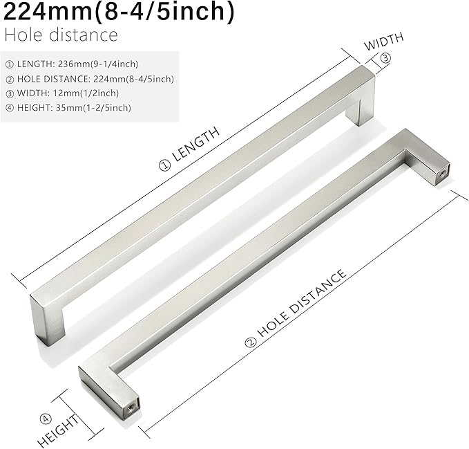 Cabinet Pulls Brushed Nickel Cabinet Handles Square Drawer Pulls, 30 Pack 8-4/5 Inch Stainless Steel Kitchen Door Cupboard Cabinet Handles, Cabinet Hardware Drawer Handles, 224mm Hole Centers