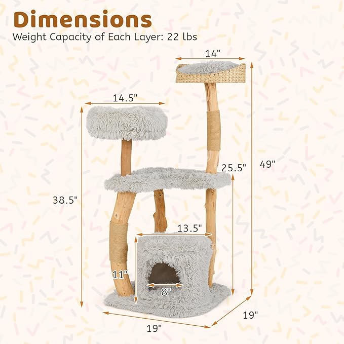Tangkula Cat Tree Tower, Solid Wood Modern Cat Tower with Top Cattail Basket Bed, Side Perch, Large Platform & Cat Condo, Cute Cat Tree with Scratching Posts for Indoor Cats Large Adult-Mewly Pet