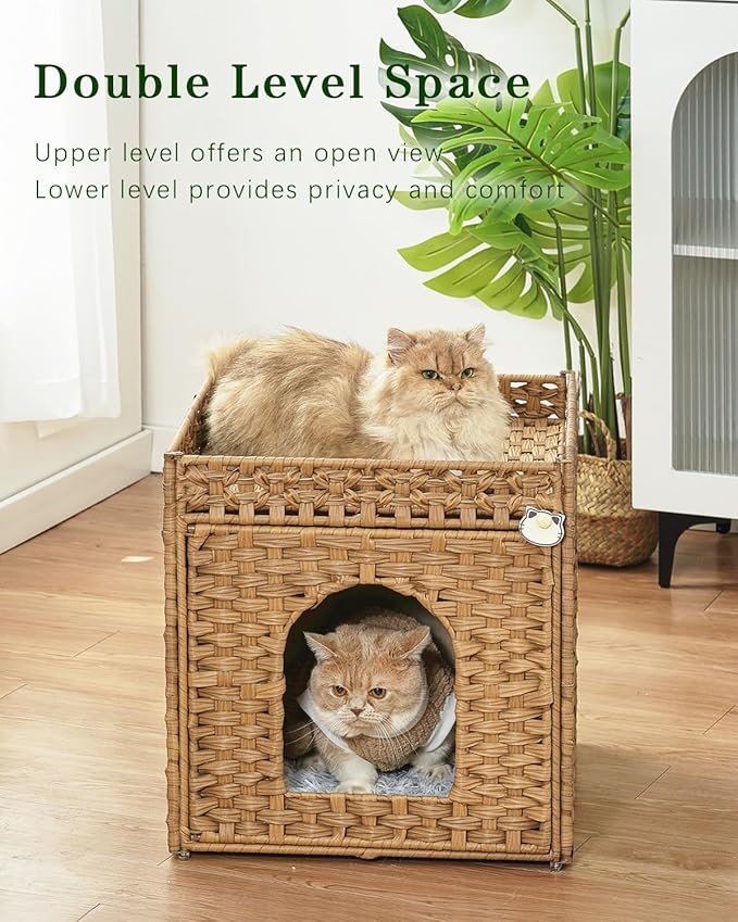 Cat Beds for Indoor Cats Extra Large Double Cat Cave Pet Cube, Handwoven Rattan Cat Houses with Double-Sided Soft Cushions, 18.5 x 20.5 x 19.1 Inches Foldable Hideaway in Living Room Natural-Mewly Pet