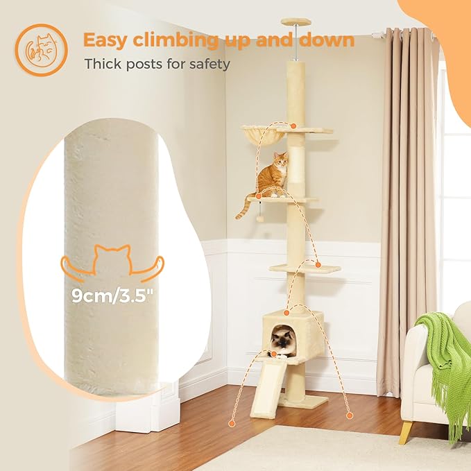 PEQULTI Floor to Ceiling Cat Tree, Tall Cat Tower, Adjustable Height (83''-108'') 5 Levels Climbing Tree for Indoor Cats with Cat Condo, Cozy Hammock and Scratching Post, Beige-Mewly Pet
