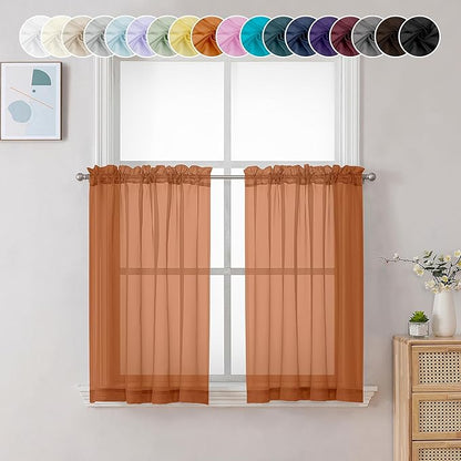 Chyhomenyc Sheer Orange Tier Curtains 24 Inch Length, Small Window Curtains Treatment for Bathroom Living Room Basement, Short Rod Pocket Cafe Curtain, 42W x 24L Inches, 2 Panels
