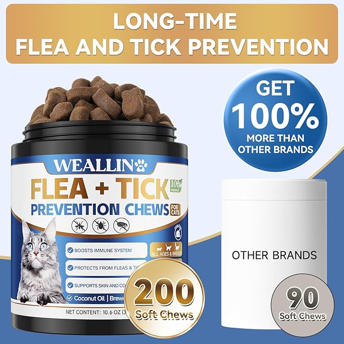 Flea and Tick Prevention for Cats, 200 Soft Chews for Fleas Treatment for Cats, Natural Cat Oral Flea Chewables Support Supplement, Flea and Tick Chews for All Breeds & Sizes-Mewly Pet