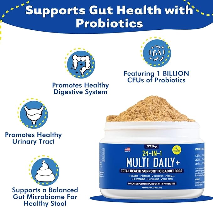 iHeartDogs 24-in-1 Adult Dog Multivitamin Daily+ Total Health Support Powder with Probiotics, Omega-3, Glucosamine, Mushrooms & Bone Broth - 60 Servings-Mewly Pet