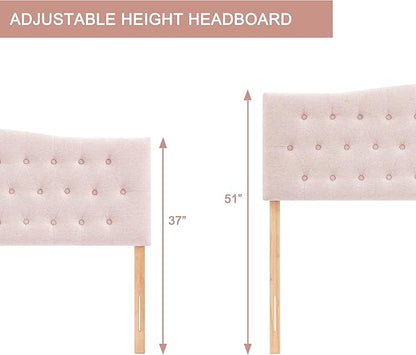 Tufted Upholstered Headboard Queen Size, Sturdy and Durable Solid Wood Bed headboard, Fabric Headboard Adjustable Height from 37” to 51”, Modern Button Diamond Design Head Board, Pink