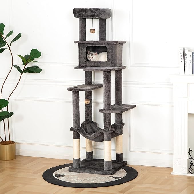 KITTY KINGDOM 65in Large Cat Tree Condo Furniture for Indoor Kitties, Multi-Level Cat Tower with 4 Scratching Posts, Cat Cave, Hammock, Perch & Reinforced Base, Plush Gray-Mewly Pet