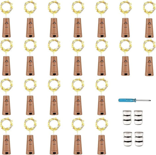 YJFWAL 24Pack 20LED Wine Bottle Lights with Cork, Silver Copper Wire Fairy Mini String Lights, Battery Operated for DIY, Party, Wedding, Christmas, Halloween Decor (Warm White)